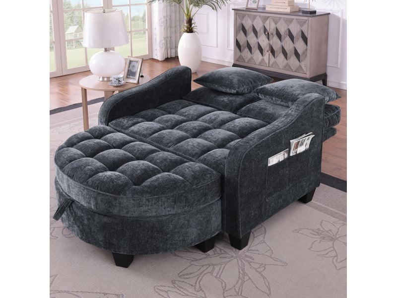  Canapé-lit 1 place convertible noir en chenille avec pouf de rangement  - Conforama E