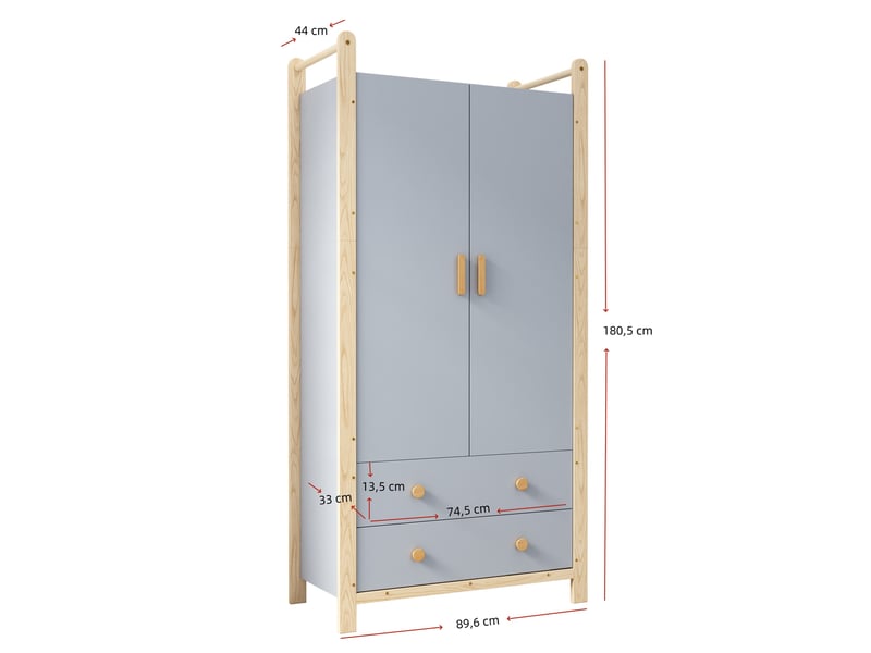 Armoire à vêtements 2 portes, avec tringle à vêtements, 2 tiroirs, pour chambre, salon, entrée, 90 x 45 x 180 cm, corps bleu et cadre en bois de pin - Conforama C