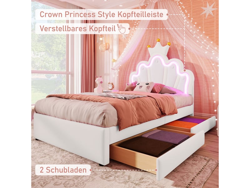 Lit enfant 90x200 cm avec led, tiroirs, sommier et tête réglable, lit princesse, pu blanc, sans matelas - Conforama D