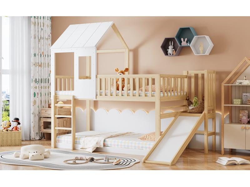  Lit mezzanine cabane avec toboggan et fenêtre - 90x200cm - échelle à 3 échelons et espace libre sous le lit - avec sommier à lattes - naturel et blanc  - Conforama B