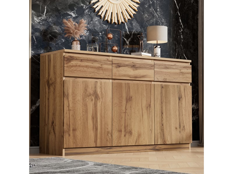 Buffet en bois avec 3 portes et 3 tiroirs, bahut pour salon ou salle à manger, finition bois naturel et poignées dissimulées  - Conforama D