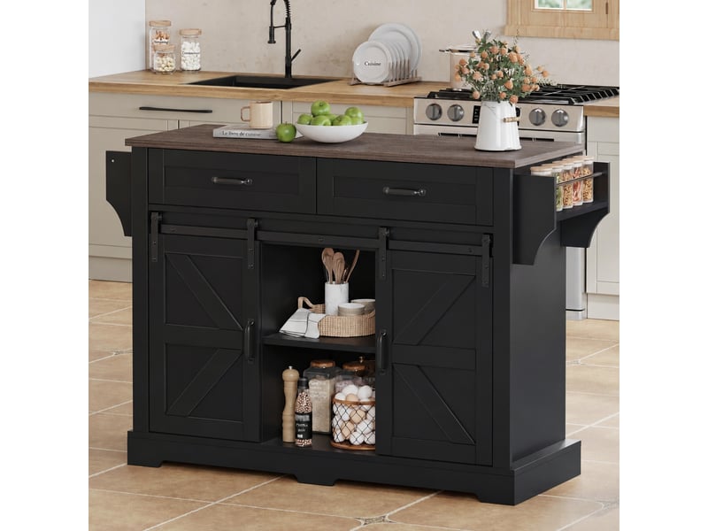  Îlot de cuisine avec plateau rabattable, 2 portes, 2 tiroirs, 120 x 45-70 x 91, noir  - Conforama B