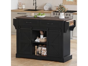 Îlot de cuisine avec plateau rabattable, 2 portes, 2 tiroirs, 120 x 45-70 x 91, noir