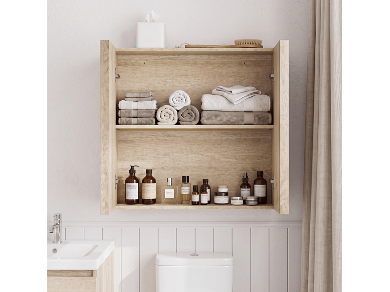 Armoire de salle de bain murale 2 portes sans poignées, rangement fermé, en mdf aspect chêne, 60 × 21,6 × 58 cm - Conforama C