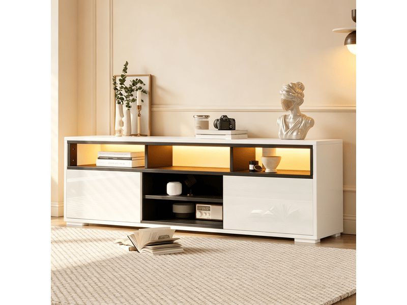  Meuble tv led 150x35x50 cm - meuble bas avec 2 portes et 8 compartiments de rangement, panneau de particules brillant - moderne  - Conforama E