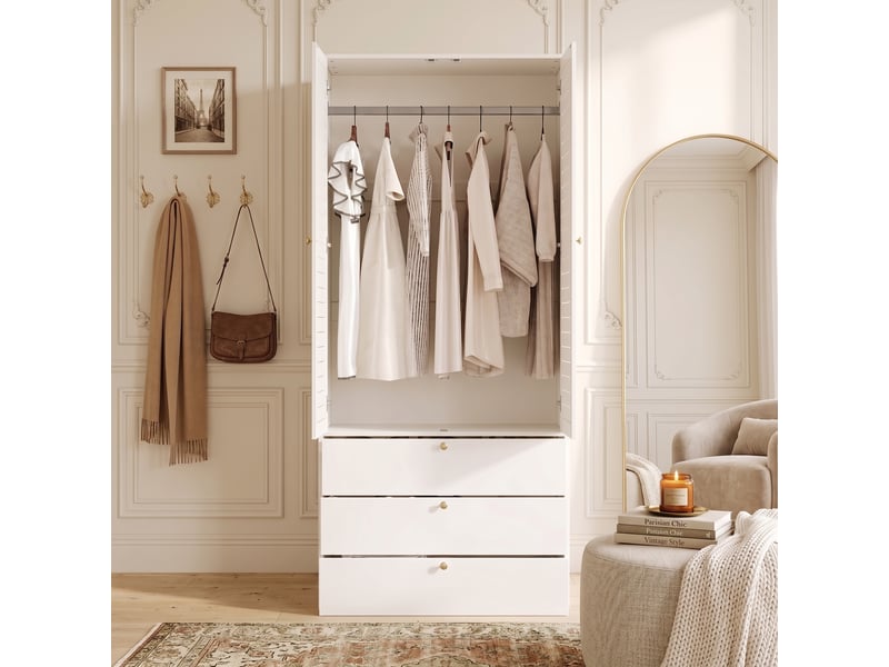 Armoire haute 2 portes 90 x 50 x 200 cm, portes à lames, tringle, 3 tiroirs, pour chambre, panneaux de particules, blanc OMNIGLINT TRADING LTD - Conforama E