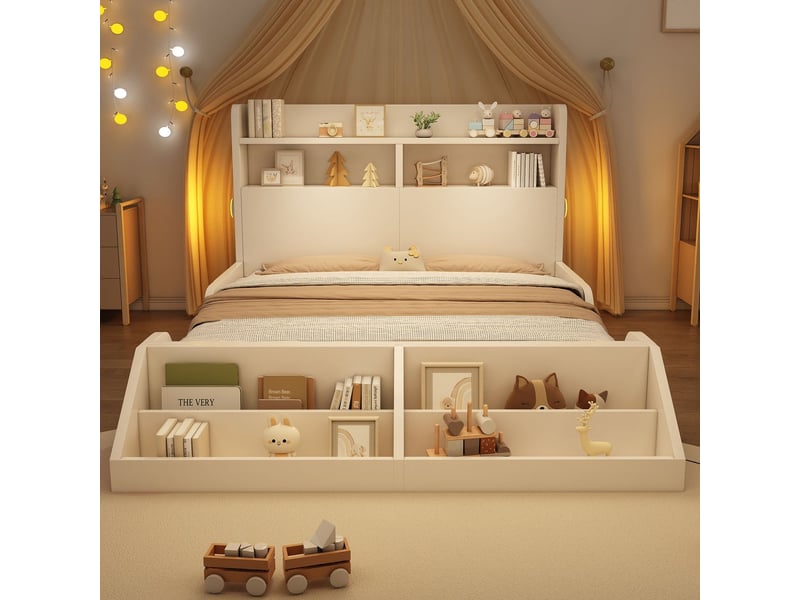  Lit 140x200 cm, structure bois massif lit double, tête de lit avec étagères, lumières de nuit, bibliothèque amovible  - Conforama B