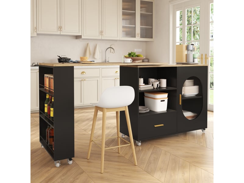  Îlot de cuisine mobile 120 à 180 x 60 x 90 cm - porte en verre cannelé - 1 tiroir - plateau pivotant à 360 degrés - naturel et noir  - Conforama C