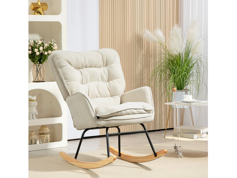  Fauteuil à bascule avec accoudoirs, dossier ergonomique et assise rembourrée pour salon en polyester beige  - Conforama B