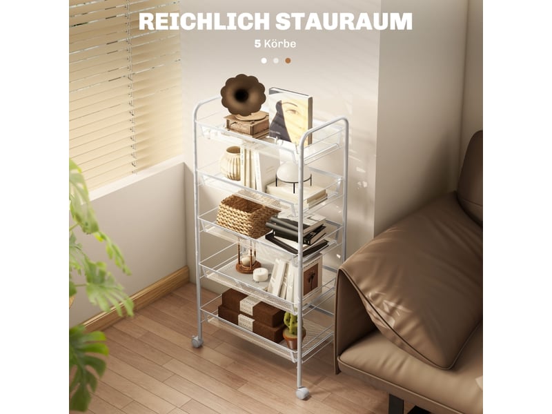 Desserte de cuisine avec 5 paniers, 4 crochets et 4 roulettes pour cuisine et salle de bain, 45×26,5×106 cm - Conforama E