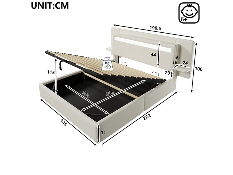  Lit coffre rembourré 140 x 200 cm, lit double avec rangement hydraulique, chevet intégré, port usb et éclairage led multicolore,beige evarich - Conforama C