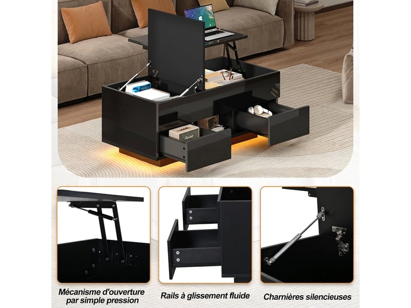 Table basse relevable avec éclairage led 100x45cm - rangement caché et deux tiroirs - Conforama R