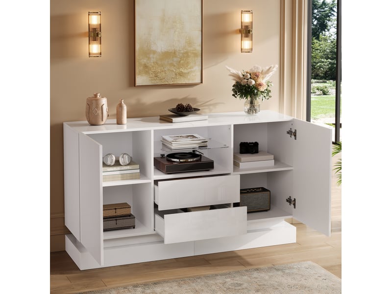 Buffet 140x40x80 cm avec led, 2 tiroirs et 2 portes blanc brillant - Conforama B