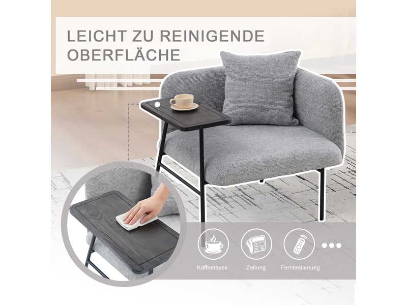  Fauteuil de relaxation,86x72x71 cm,avec table d’appoint et rangements,chenille,gris  - Conforama E