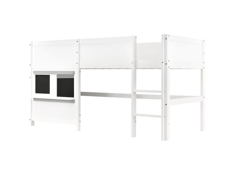  Lit mezzanine enfant 90x200 cm blanc en bois de pin, avec tableaux à dessin et petite étagère  - Conforama D