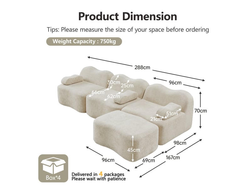  Canapé d'angle modulaire sans armature avec assise profonde et ottoman en velours beige  - Conforama E