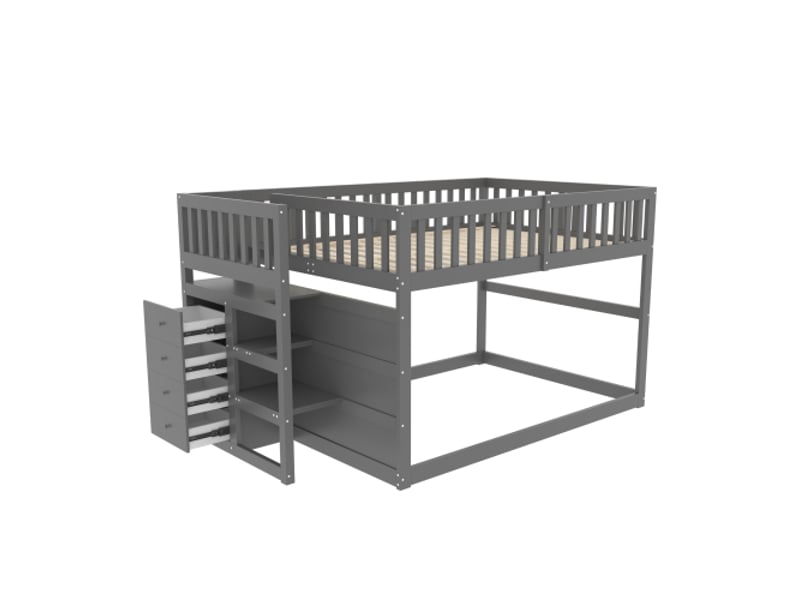  Lit enfant 140x200cm,lit superposé bas en bois massif avec 4 tiroirs,escalier et garde-corps,gris lit enfant gris - Conforama E