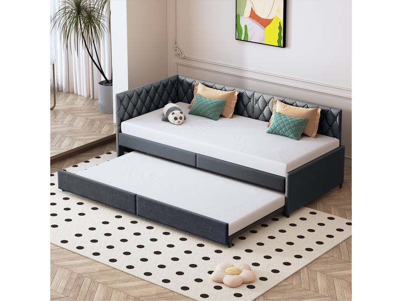 Lit banquette gigogne 90 x 200 cm gris - canapé-lit extensible en velours avec sommier à lattes et lit gigogne pour chambre d'amis  - Conforama C