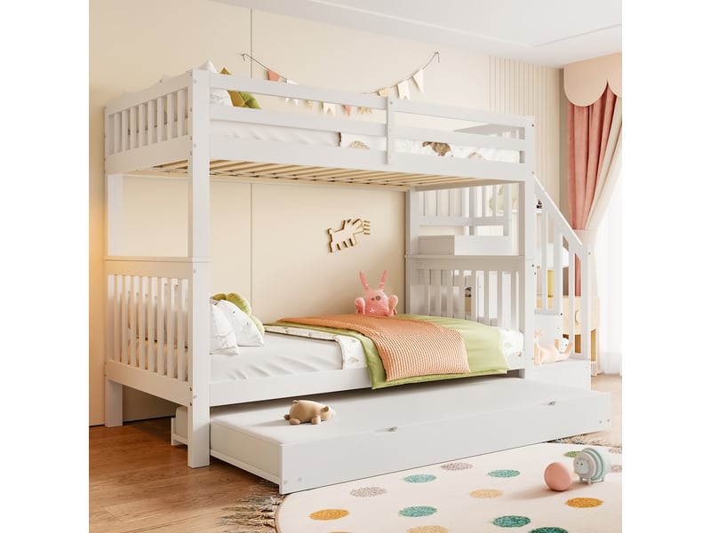 Lit superposé enfant 90×200 cm avec lit gigogne, étagères d’escalier et barrières - okmyhome- blanc, sans matelas - Conforama C