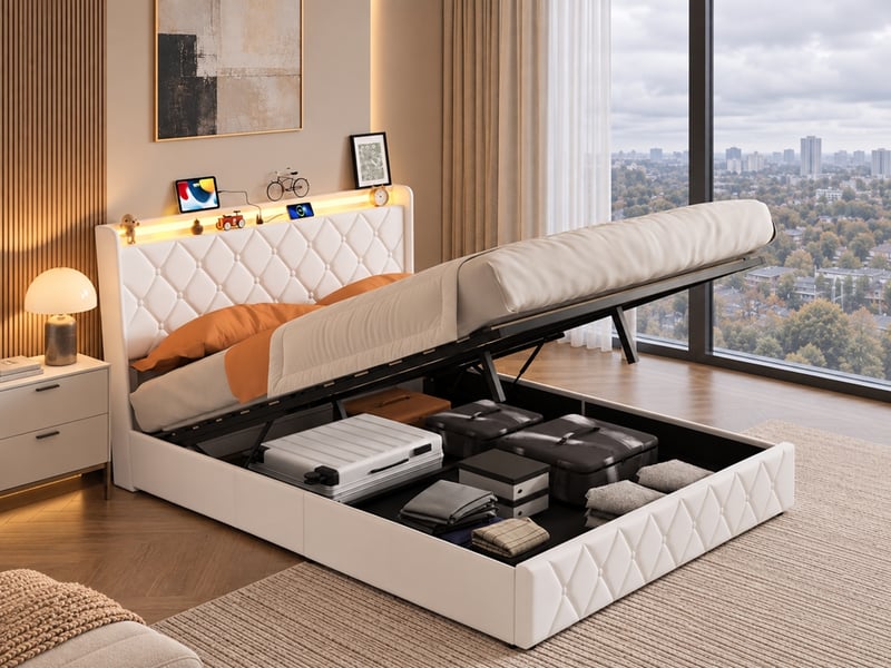 Lit coffre 140x200 cm avec led et usb, lit adulte capitonné avec rangement hydraulique, lit 2 places avec sommier à lattes, lit double avec tête de lit rembourrée, velours blanc - Conforama B