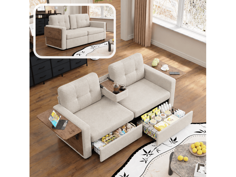 Canapé droit 2 places avec deux tiroirs, tablettes réglables et porte-gobelets, en chenille beige - Conforama B