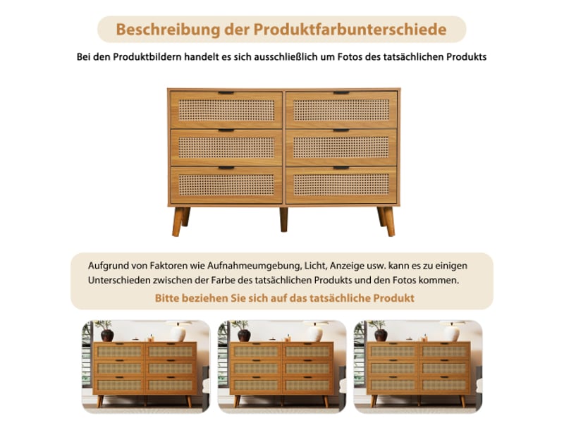  Commode 6 tiroirs avec poignées en métal - yeavio - rétro pour chambre, salon ou bureau, bois, 120×40×76,5 cm, noyer  - Conforama E