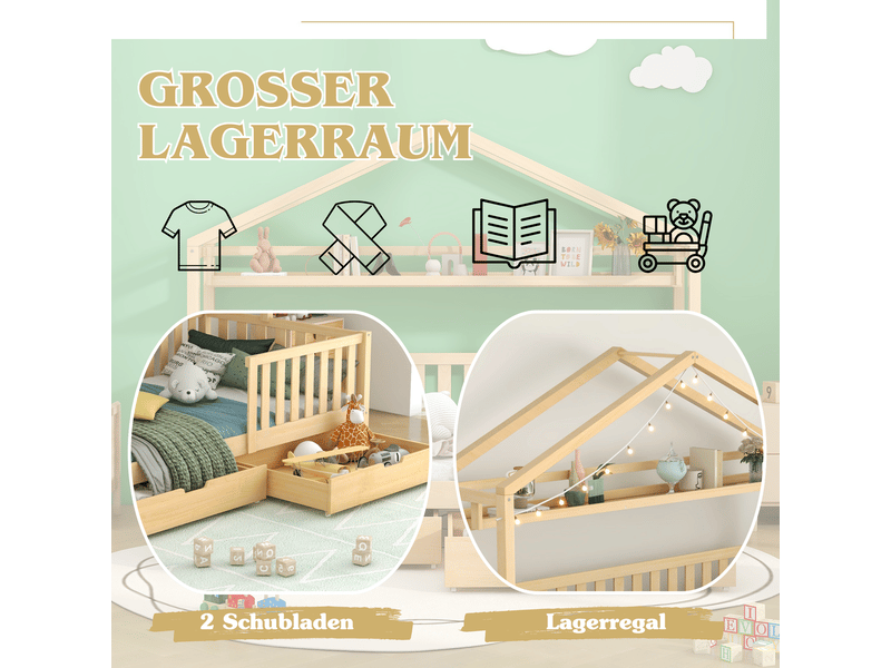  Lit cabane enfant 90x200cm bois pin massif 2 tiroirs rangement - lit enfant - sommier inclus, barrière, étagère, style scandinave  - Conforama E