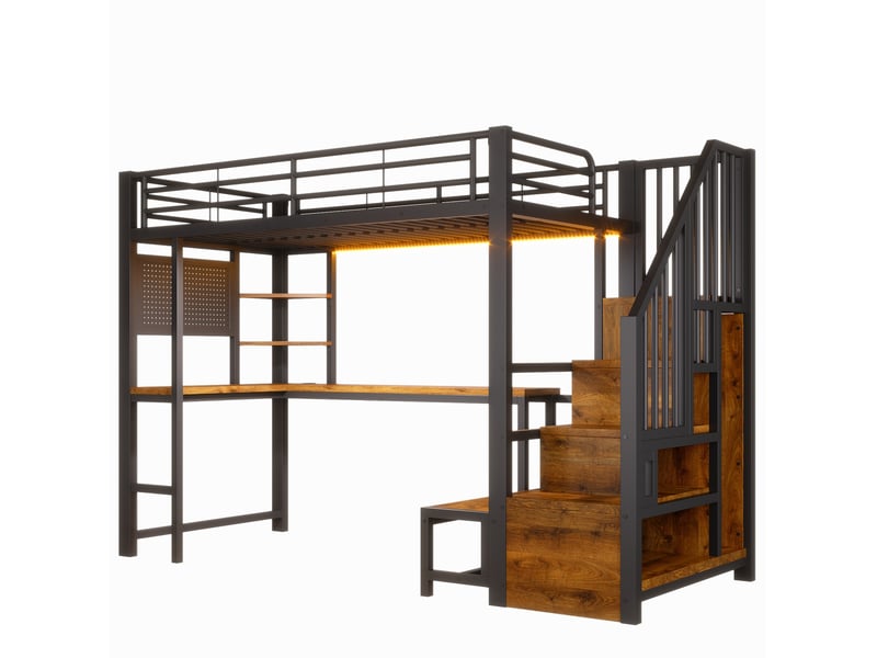 Lit mezzanine 90 × 200 cm 1 place avec bureau, étagères, led, usb et type-c, sans matelas, métal noir - Conforama A