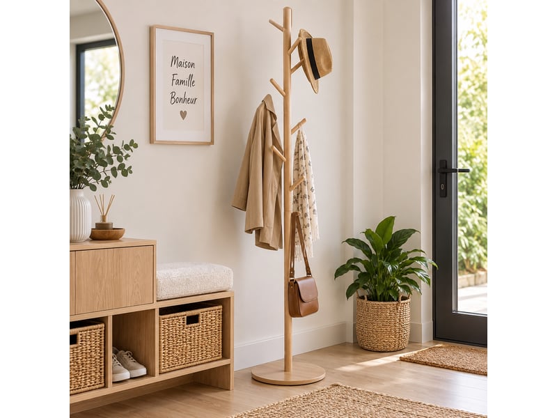  Portemanteau sur pieds en mdf &amp; hêtre avec 8 armes pour entrée &amp; chambre – longueur 37 x profondeur 37 x hauteur 175 cm  - Conforama B