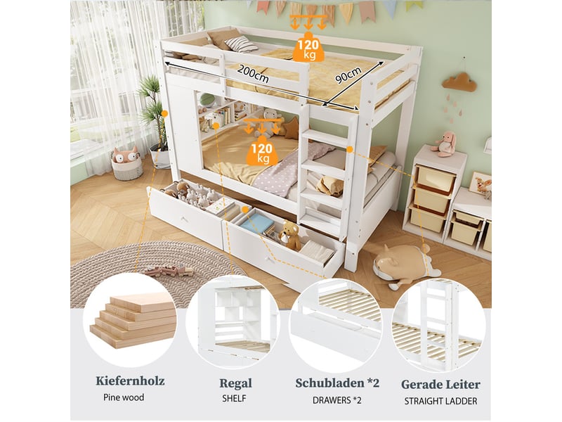  Lit enfant superposé, 90 x 200 cm, avec tiroirs rangement échelle, bois, blanc  - Conforama E