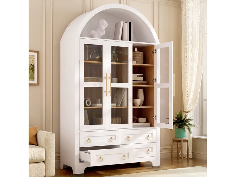  Buffet haut 3 portes vitrées, 4 tiroirs et niche ouverte 110x40x185 cm blanc  - Conforama B