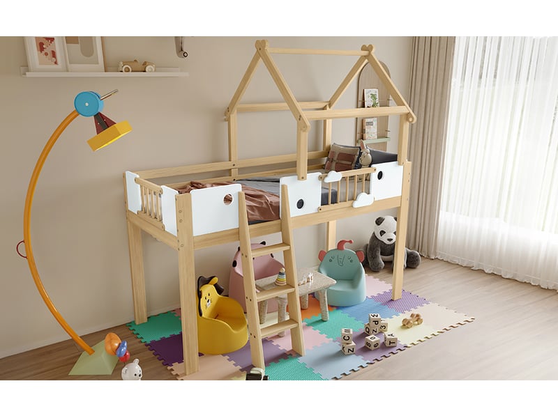 Lit mezzanine cabane 90 × 200 cm, toit, échelle, garde-corps décorés et lattes, pin, mdf et contreplaqué, naturel - Conforama B