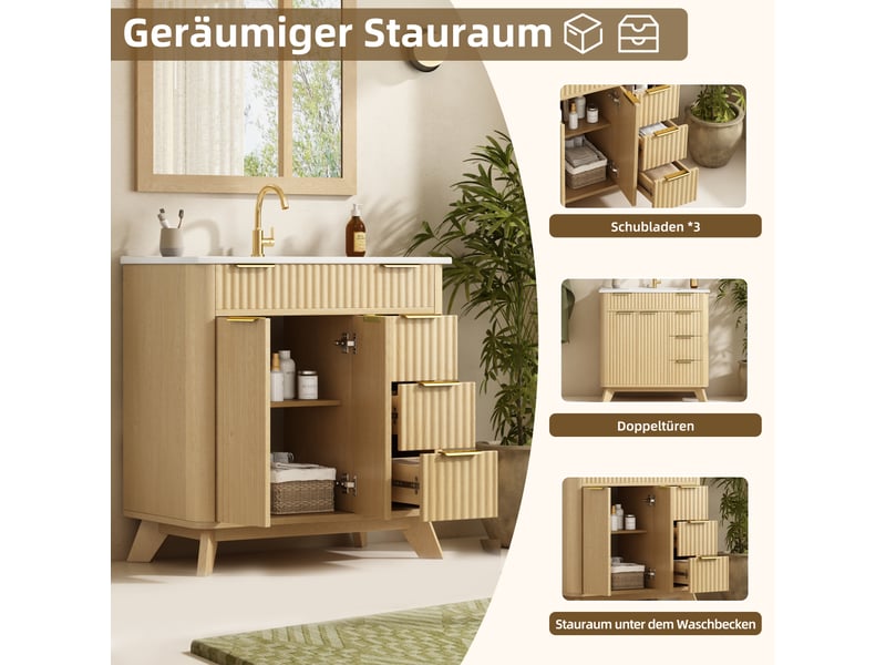  Meuble sous vasque avec 3 tiroirs et portes douces - lpospi - vasque céramique mdf bois naturel 81 × 47 × 90 cm  - Conforama E