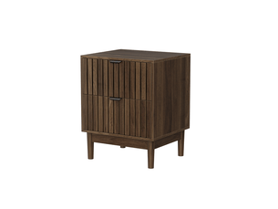 Table de chevet 2 tiroirs design lattes 45x39x56,5 cm, pieds en bois, poignées métal, mdf, noyer foncé