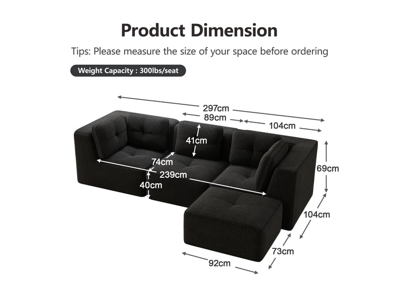  Canapé d'angle modulaire avec assise profonde et dossier souple en velours côtelé noir  - Conforama E