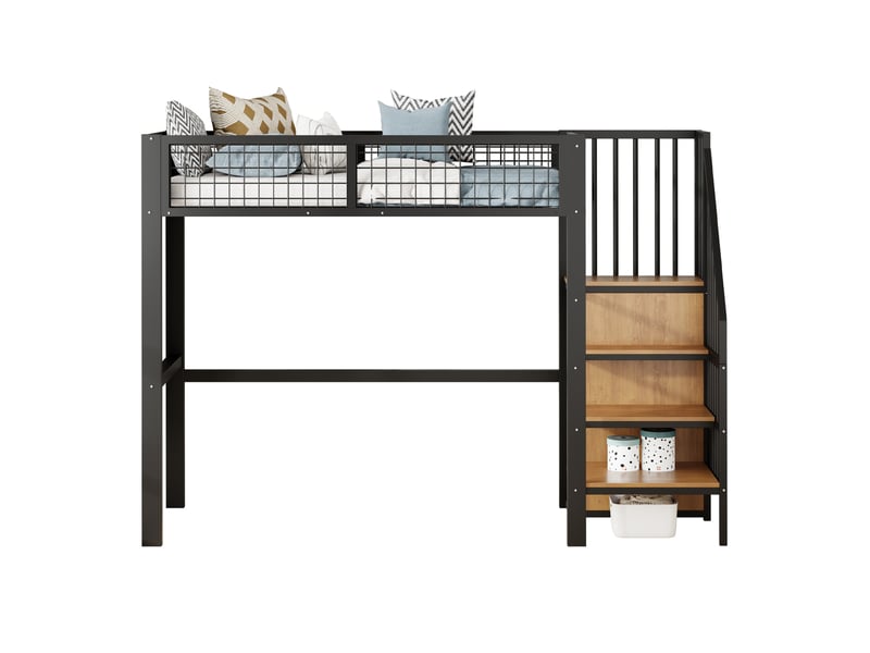  Lit mezzanine enfant 90 x 200 cm avec échelle, rangements et armoire, noir  - Conforama A
