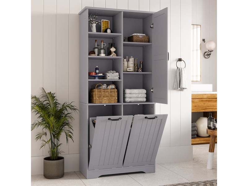  Armoire de salle de bain 78x35x172 cm, laquée anti-humidité, 2 paniers à linge, gris  - Conforama B