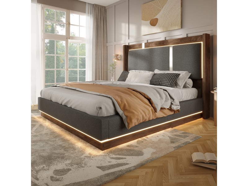  Lit coffre 140x190 avec sommier à lattes, led intégrée, gris et noyer  - Conforama D