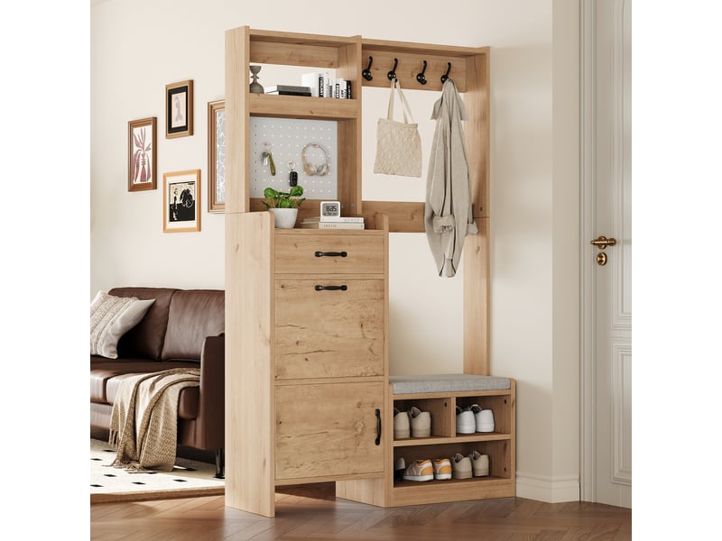  Meuble d'entrée avec 2 portes, 1 tiroir, banc rembourré, niche et 4 crochets en panneau de particules 108,5×35×180 cm  - Conforama B