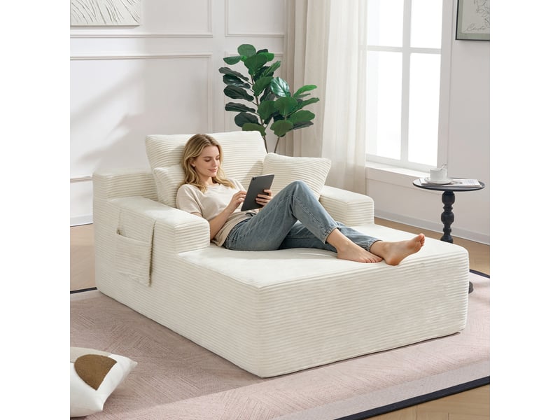  Canapé convertible 2 places en velours côtelé – assise profonde, coussins moelleux, poches de rangement, mousse haute densité – blanc crème  - Conforama B