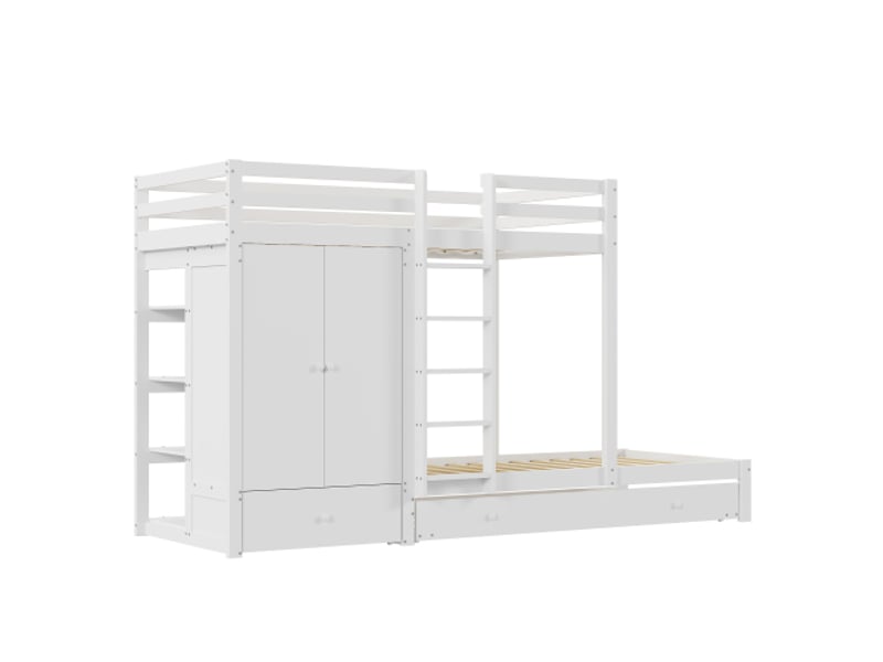 Lit superposé 90x200 cm avec lit gigogne, lit enfant avec armoire, tiroirs, en bois, sans matelas, blanc - Conforama A