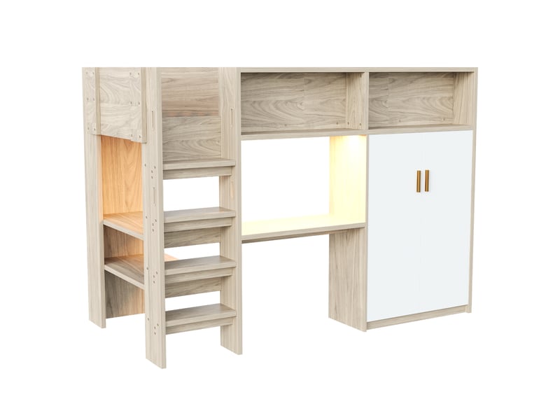 Lit mezzanine multifonction bois naturel 90x200 cm, bureau, armoire, étagères, rangements et led  - Conforama A