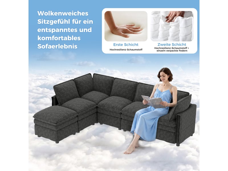  Canapé modulable xxl 6 places en tissu chenille gris avec pouf amovible  - Conforama D