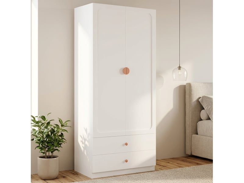  Armoire 2 portes 90x45x200 cm avec 2 tiroirs et penderie blanc  - Conforama B