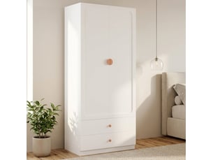 Armoire 2 portes 90x45x200 cm avec 2 tiroirs et penderie blanc