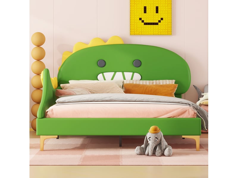 Lit enfant 140 x 200 cm forme dinosaure, en pu et mdf, avec sommier à lattes vert - Conforama D
