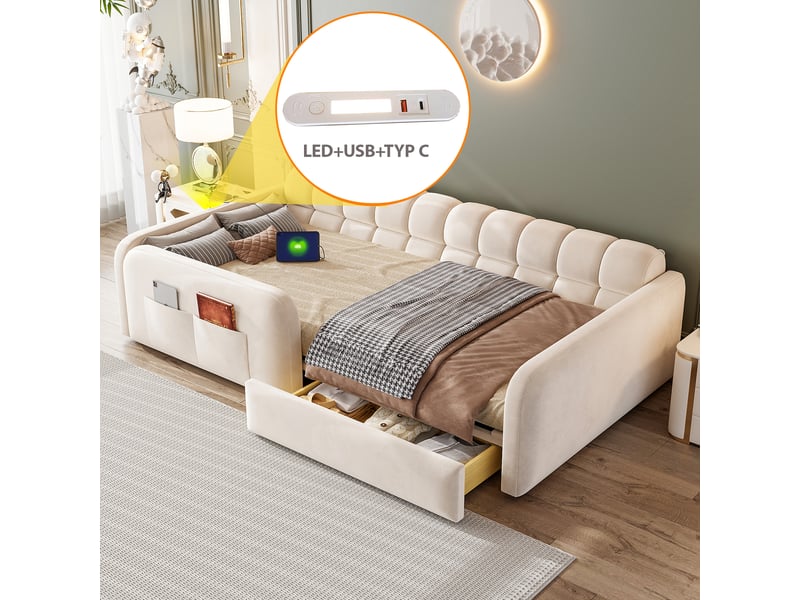  Lit enfant rembourré 90x200 cm avec tiroir et veilleuse, lit plateforme avec port de charge, garde-corps hauts et tête de lit canapé, velours, beige OPULERANE TRADING LTD - Conforama D