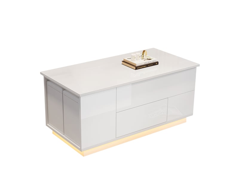  Table basse relevable 4-en-1 100x50x45 cm avec led, 2 tiroirs, 4 tabourets et espaces de rangement intégrés, blanc brillant  - Conforama A