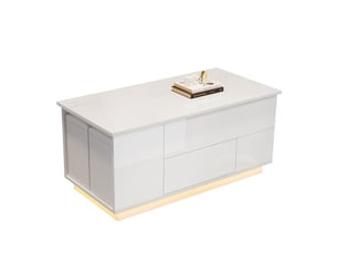 Table basse relevable 4-en-1 100x50x45 cm avec led, 2 tiroirs, 4 tabourets et espaces de rangement intégrés, blanc brillant