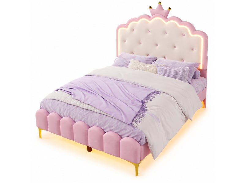  Lit rembourré tcqpz 140 x 200 cm avec cadre à lattes éclairage led d’ambiance tête de lit couronne rose polyuréthane  - Conforama A